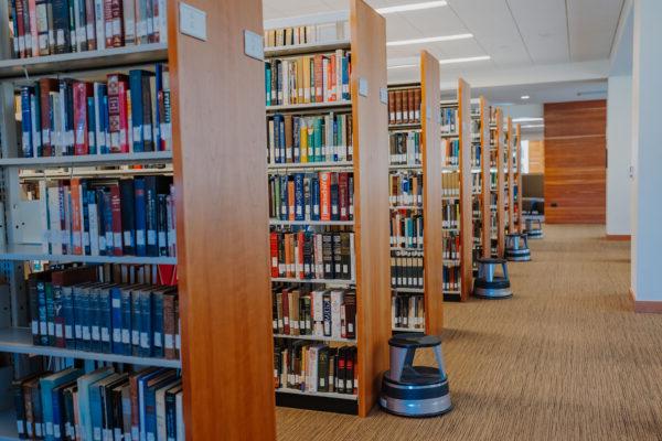 a library with books on shelves